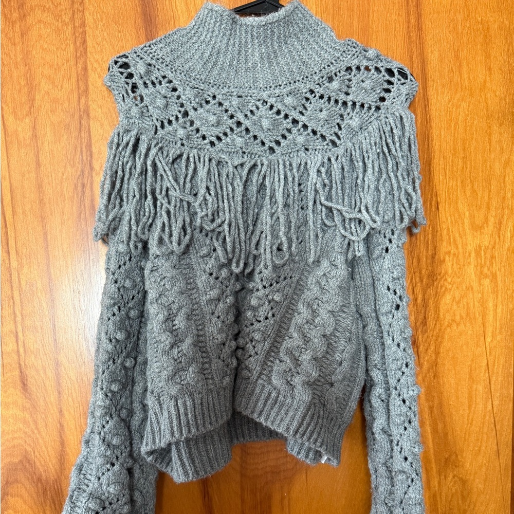 Zara Gray Textured Knit Sweater with Fringe